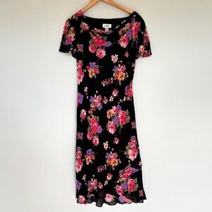 Talbots Size 8 Floral Dress Black Pink Midi Cap Sleeve Lunch Date Church Dress